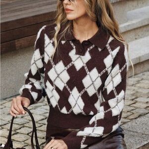 Argyle Patterned Brown and White Sweater